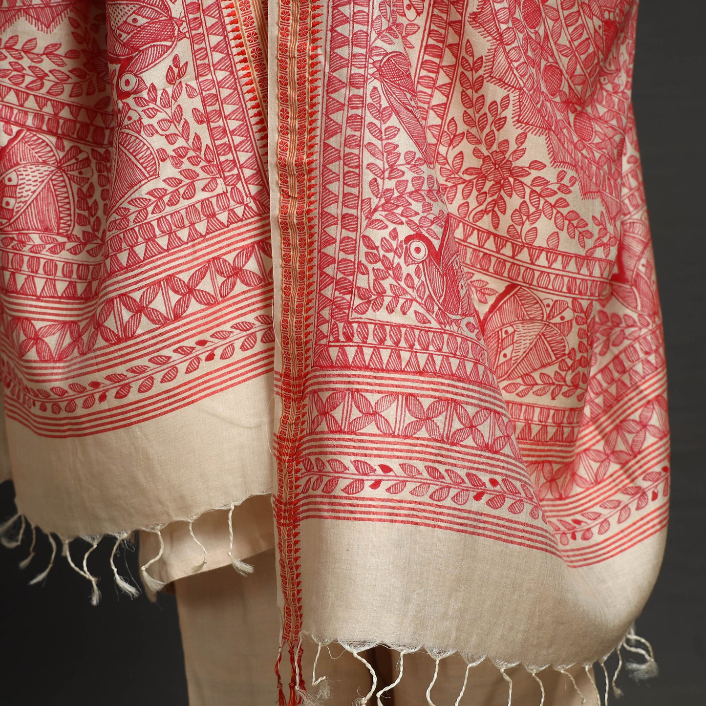 Pink - Traditional Madhubani Handpainted Silk Handloom Dupatta with Tassels 16
