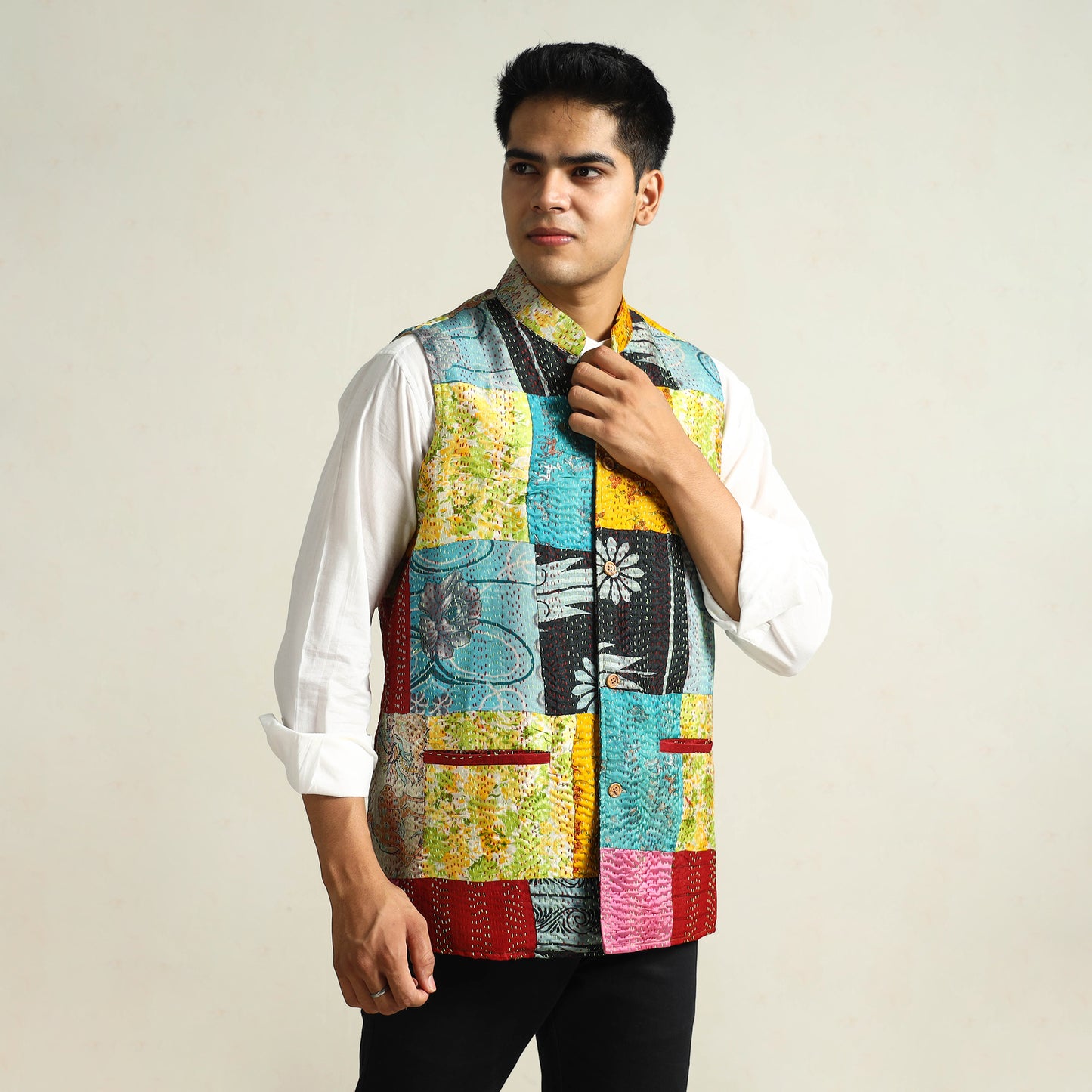 Multicolor - Kantha Embroidery Patchwork Silk Nehru Jacket 13