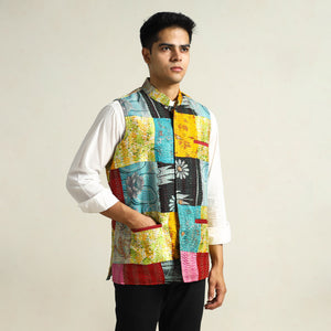 Multicolor - Kantha Embroidery Patchwork Silk Nehru Jacket 13