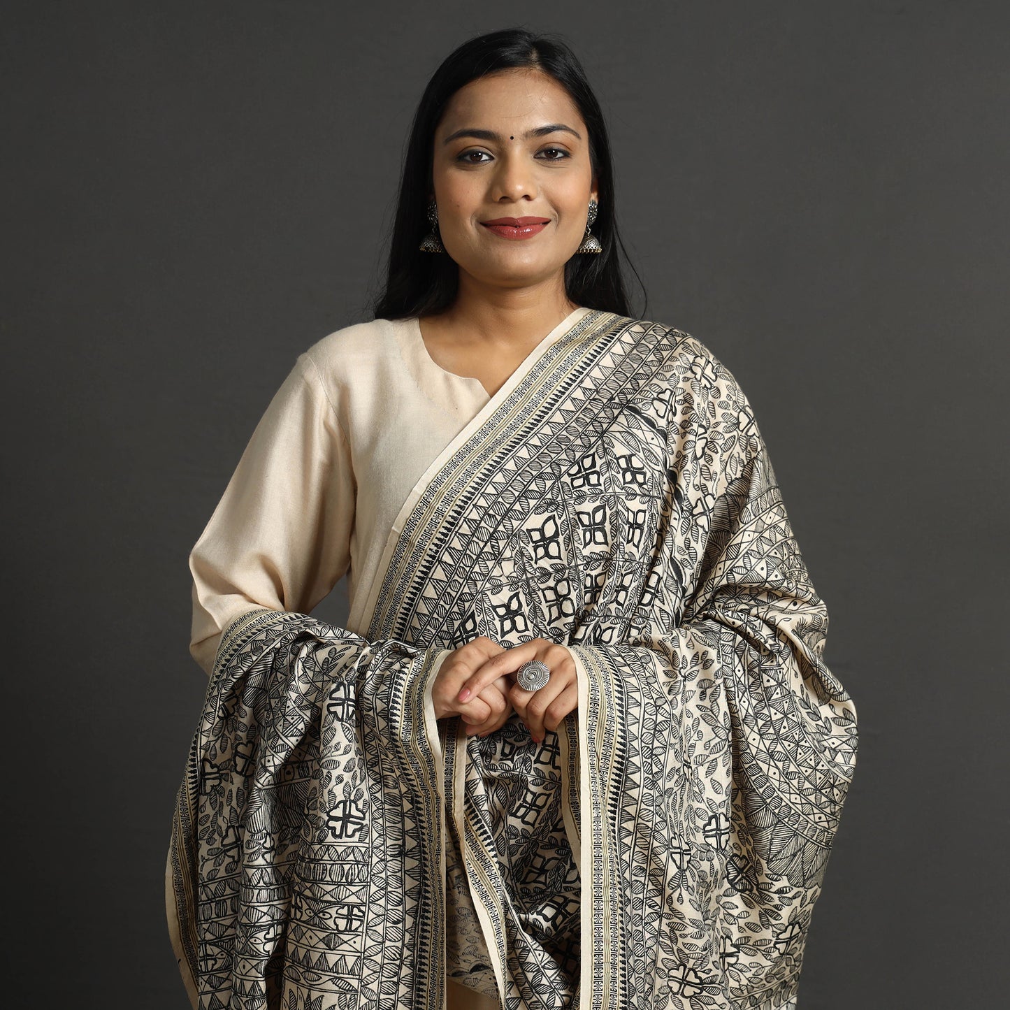 Black - Traditional Madhubani Handpainted Silk Handloom Dupatta with Tassels 17