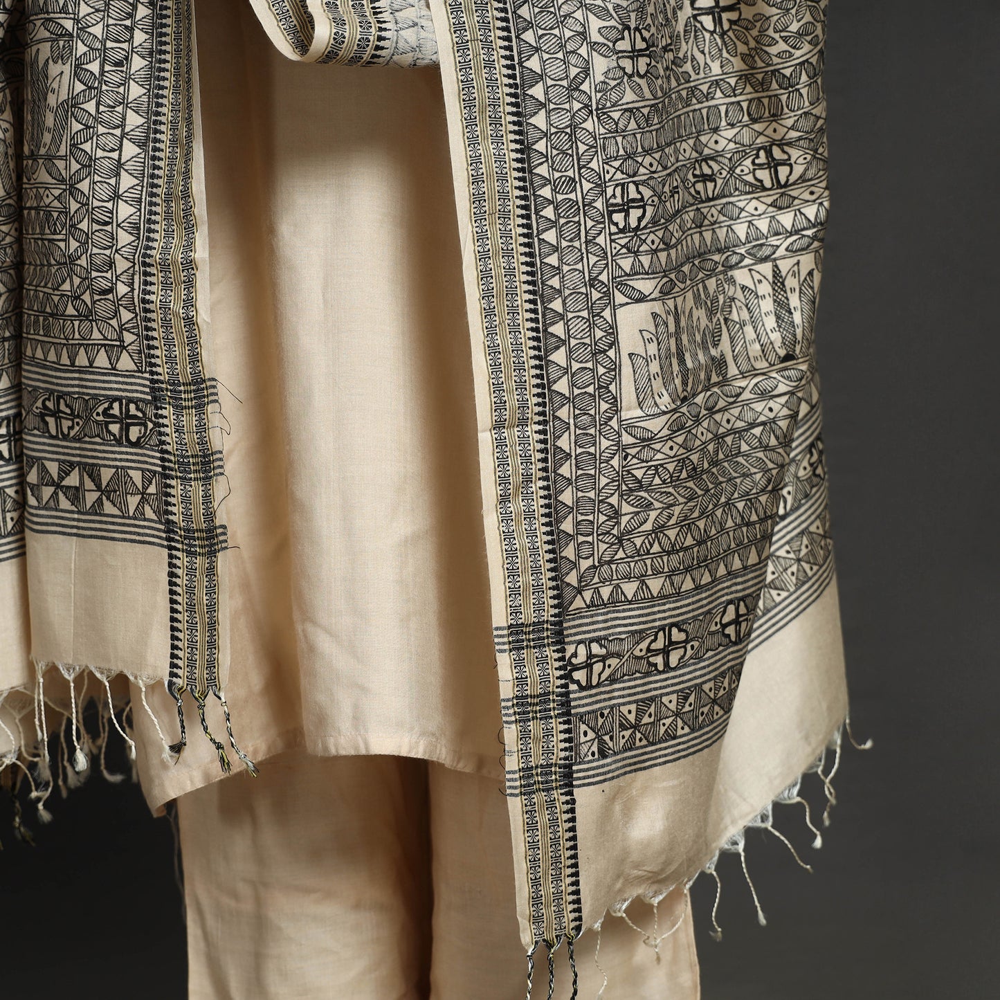 Black - Traditional Madhubani Handpainted Silk Handloom Dupatta with Tassels 17