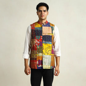 Multicolor Kantha Embroidery Silk Patchwork Nehru Jacket 