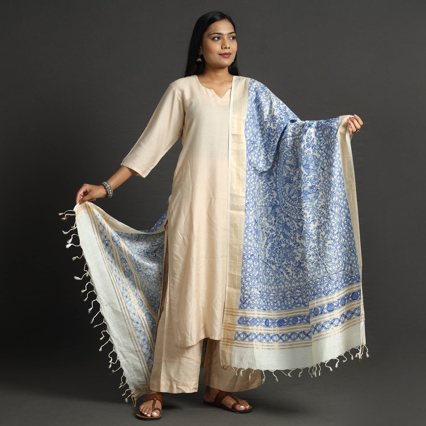 Blue - Traditional Madhubani Handpainted Tussar Silk Handloom Dupatta with Tassels 18