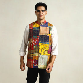 Multicolor Kantha Embroidery Silk Patchwork Nehru Jacket 