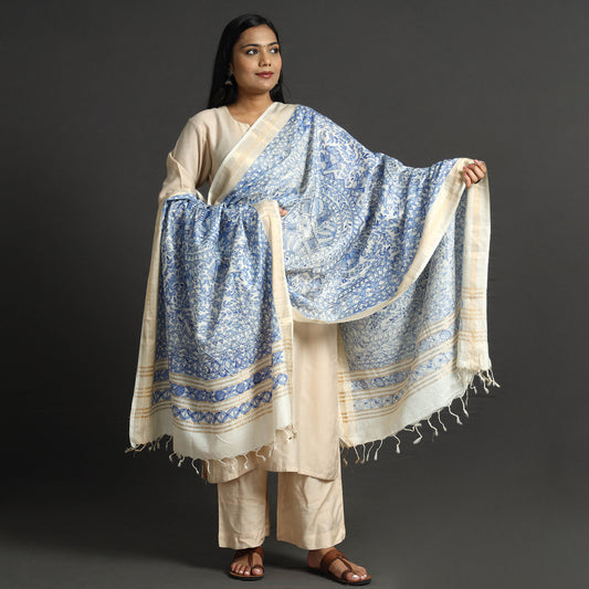 Traditional Madhubani Handpainted Tussar Silk Handloom Dupatta with Tassels 18
