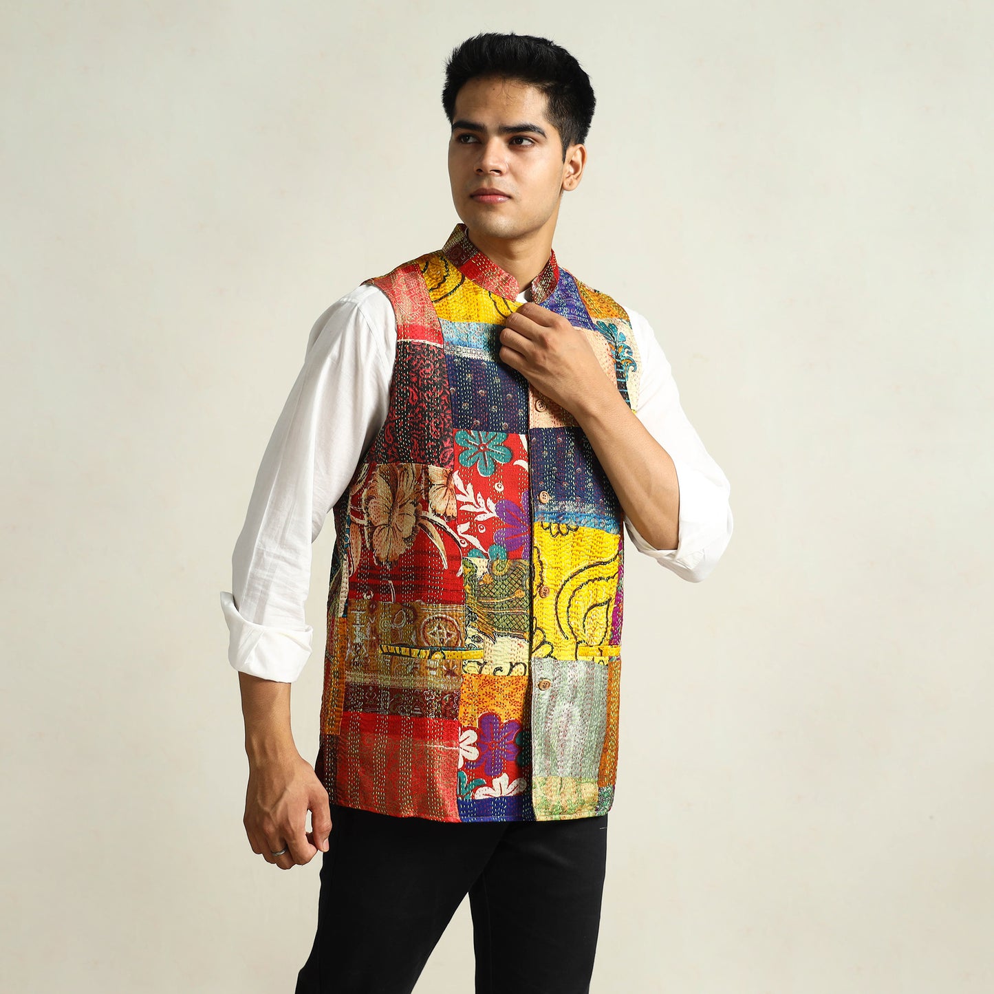 Multicolor - Kantha Embroidery Patchwork Silk Nehru Jacket 12