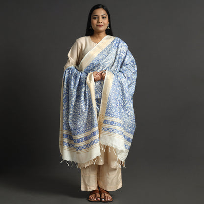Blue - Traditional Madhubani Handpainted Tussar Silk Handloom Dupatta with Tassels 18