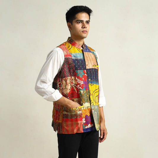Multicolor - Kantha Embroidery Patchwork Silk Nehru Jacket 12
