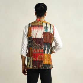 Multicolor Kantha Embroidery Silk Patchwork Nehru Jacket 