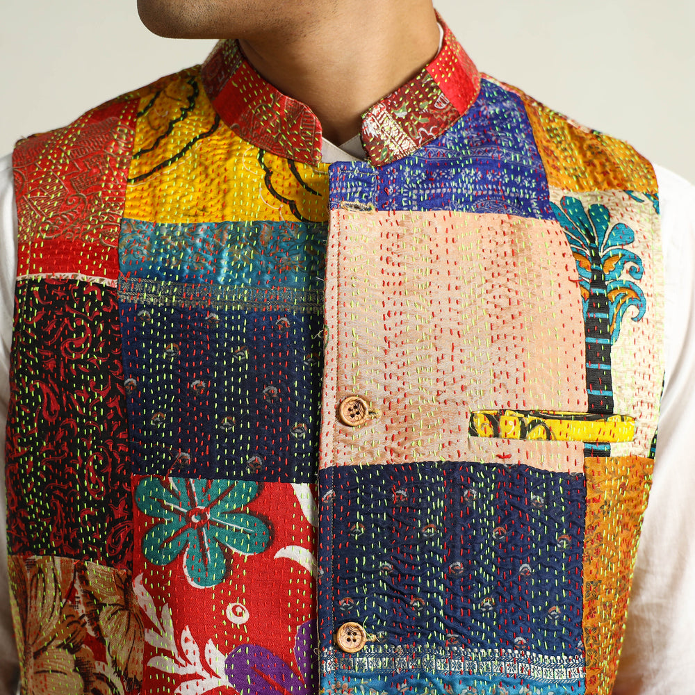 Multicolor - Kantha Embroidery Patchwork Silk Nehru Jacket 12