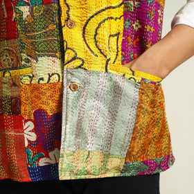 Multicolor Kantha Embroidery Silk Patchwork Nehru Jacket 