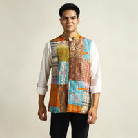 Multicolor - Kantha Embroidery Patchwork Silk Nehru Jacket 11