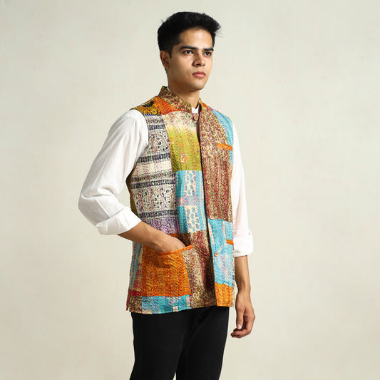Multicolor - Kantha Embroidery Patchwork Silk Nehru Jacket 11
