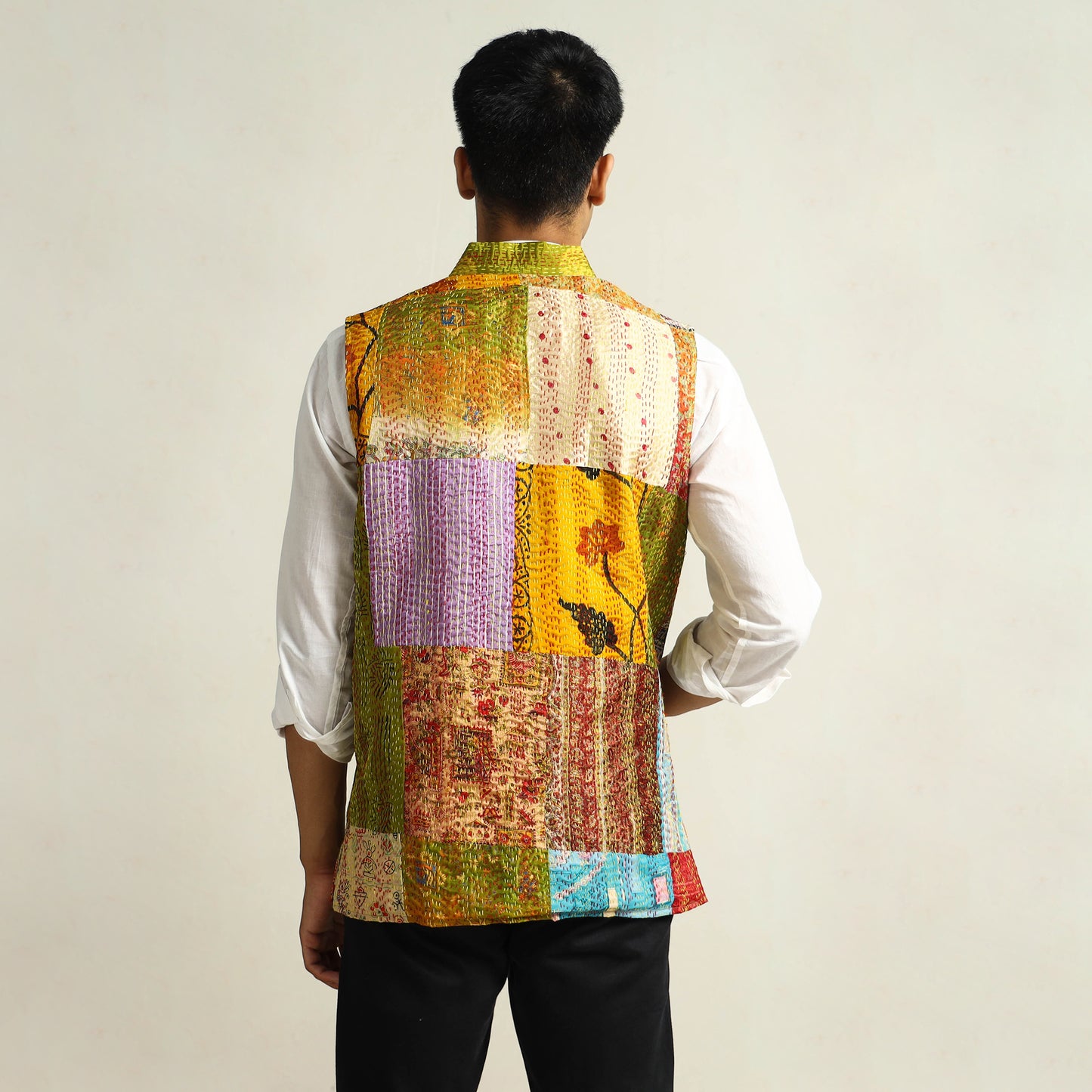 Multicolor - Kantha Embroidery Patchwork Silk Nehru Jacket 11