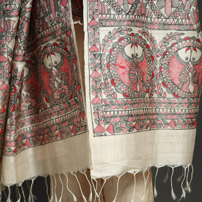 Multicolor - Traditional Madhubani Handpainted Tussar Silk Handloom Dupatta with Tassels 19