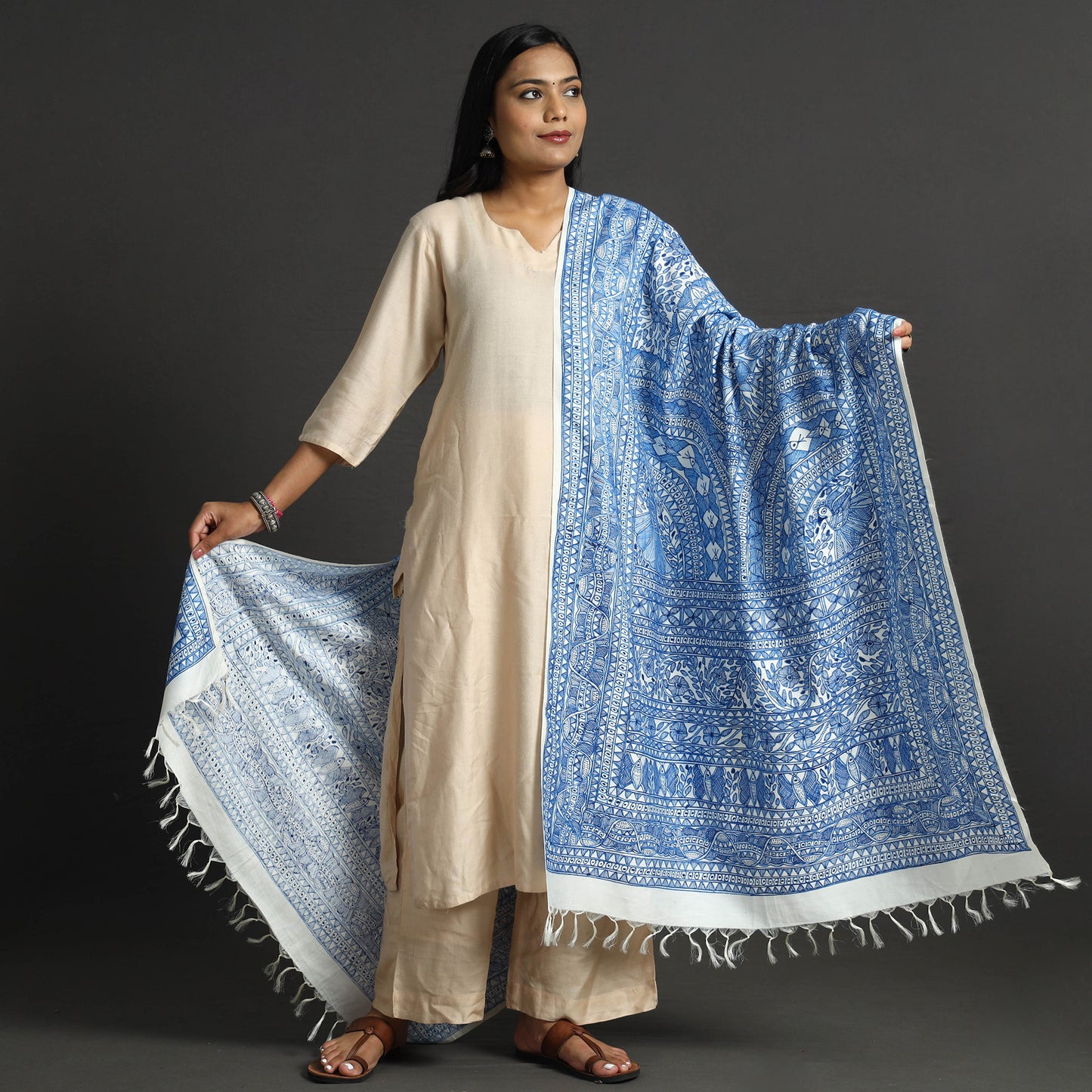Blue - Traditional Madhubani Handpainted Silk Cotton Handloom Dupatta with Tassels 20