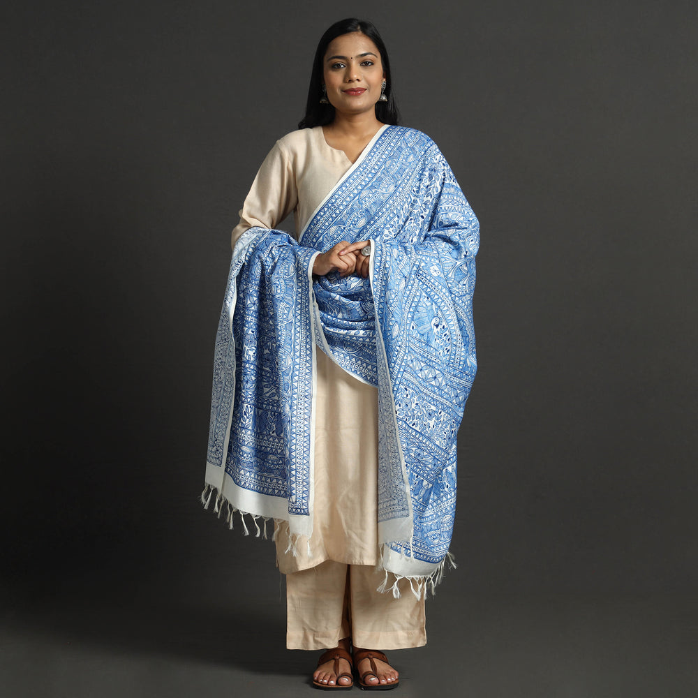 Blue - Traditional Madhubani Handpainted Silk Cotton Handloom Dupatta with Tassels 20