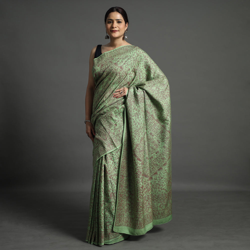 Green - Traditional Madhubani Handpainted Mulberry Silk Saree 10