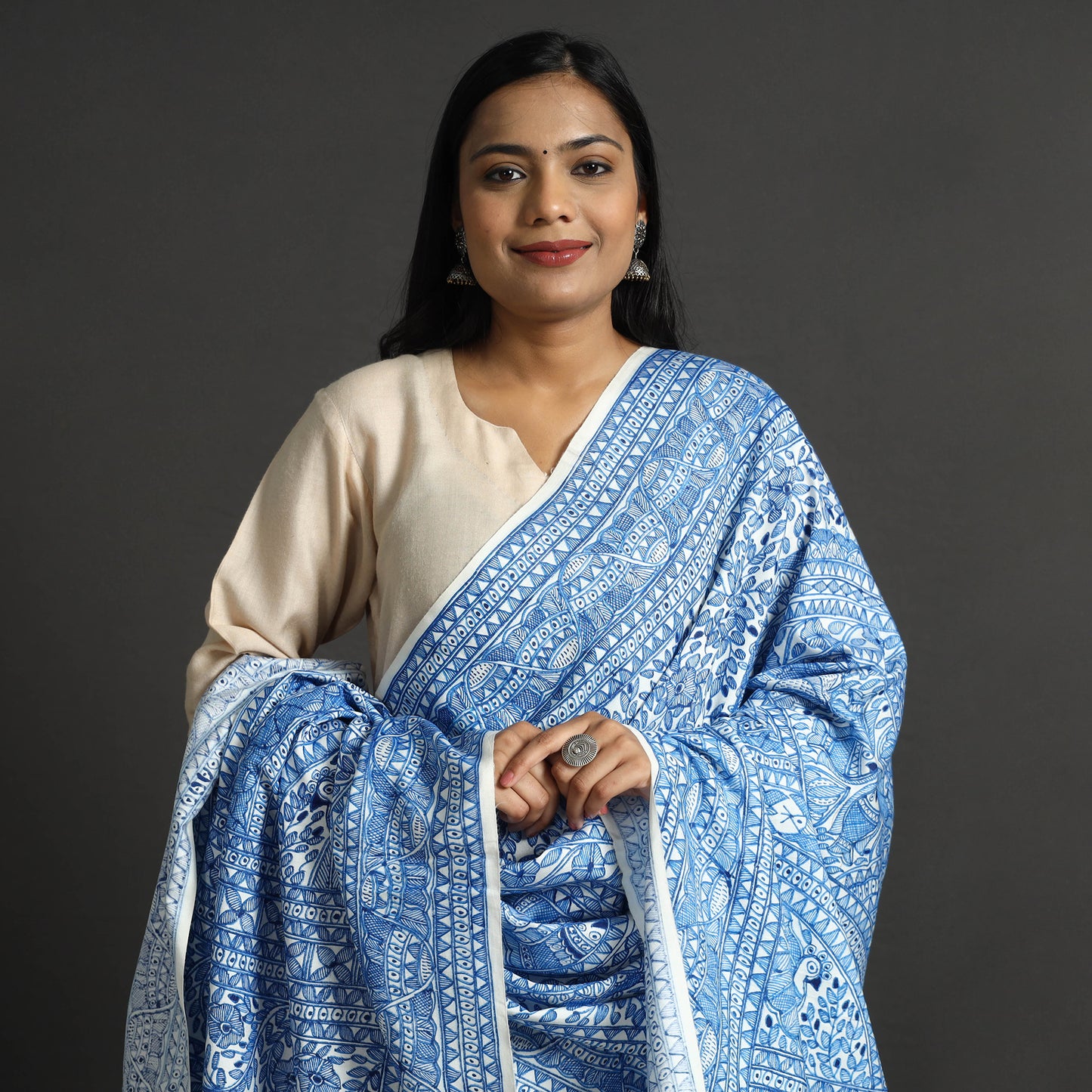 Blue - Traditional Madhubani Handpainted Silk Cotton Handloom Dupatta with Tassels 20