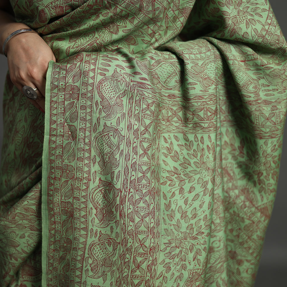 Green - Traditional Madhubani Handpainted Mulberry Silk Saree 10