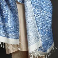 Blue - Traditional Madhubani Handpainted Silk Cotton Handloom Dupatta with Tassels 20