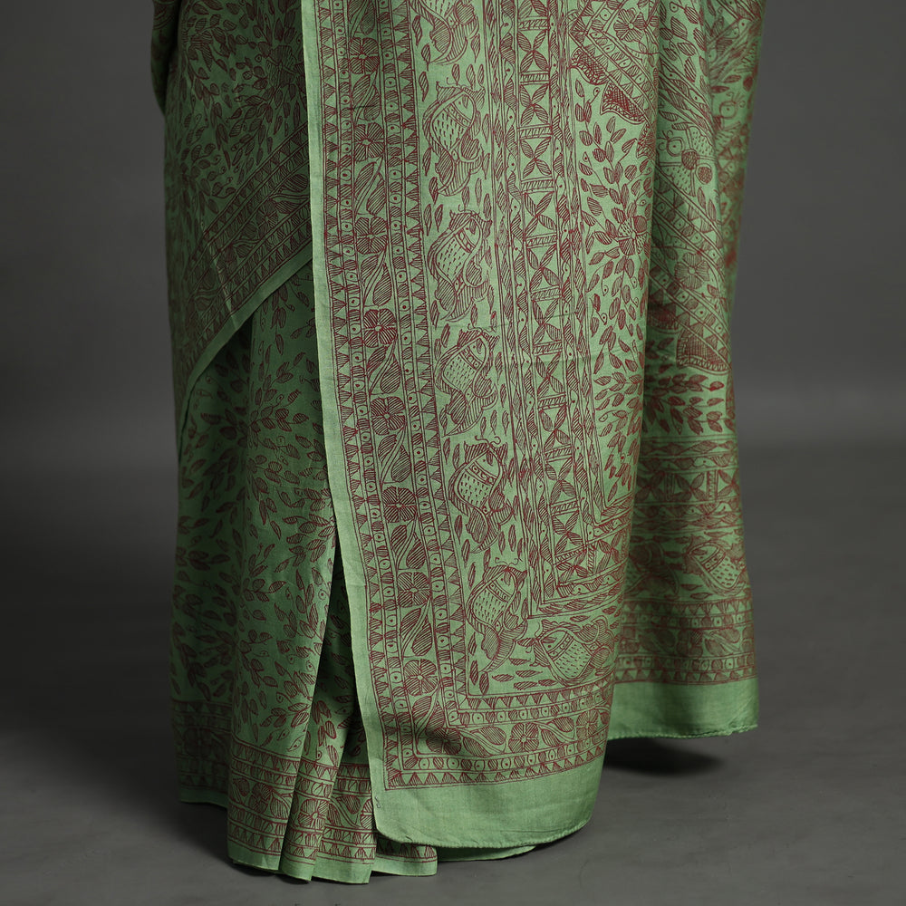 Green - Traditional Madhubani Handpainted Mulberry Silk Saree 10