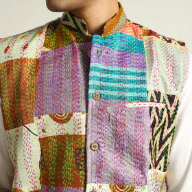 Multicolor Kantha Embroidery Silk Patchwork Nehru Jacket 
