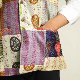 Multicolor Kantha Embroidery Silk Patchwork Nehru Jacket 