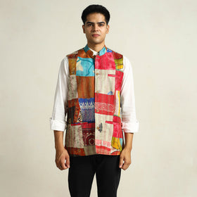Multicolor Kantha Embroidery Silk Patchwork Nehru Jacket 