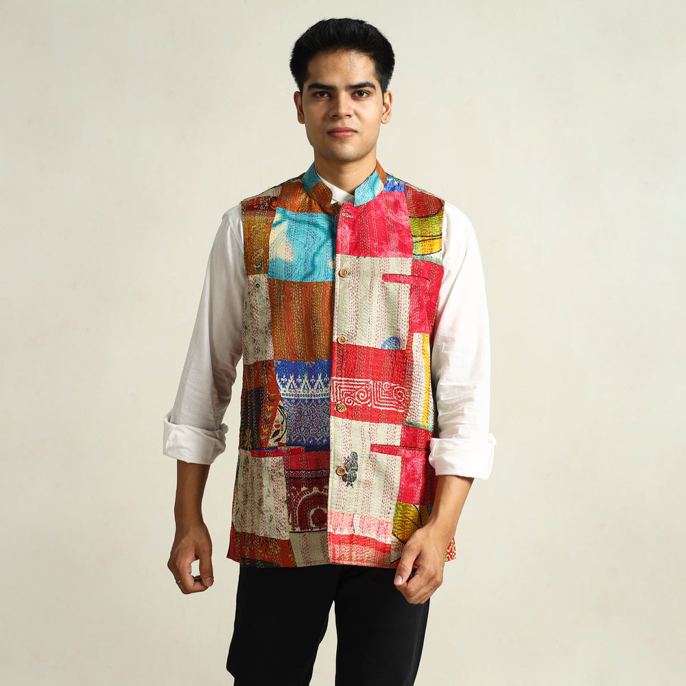 Multicolor - Kantha Embroidery Patchwork Silk Nehru Jacket 05