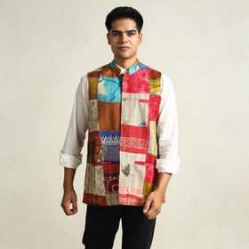Multicolor Kantha Embroidery Silk Patchwork Nehru Jacket 