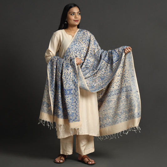 Blue - Traditional Madhubani Handpainted Silk Cotton Handloom Dupatta with Tassels 22