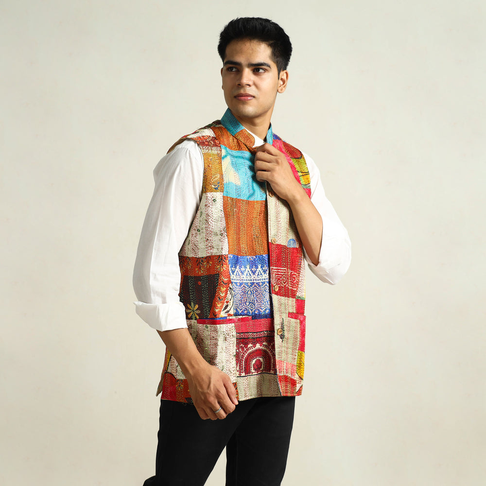 Multicolor - Kantha Embroidery Patchwork Silk Nehru Jacket 05