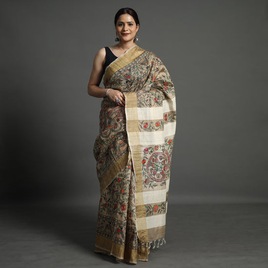 Beige - Traditional Madhubani Handpainted Tussar Silk Saree 12