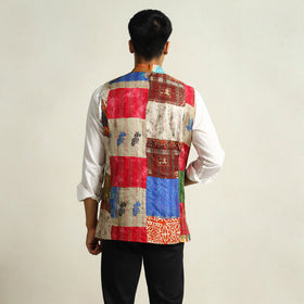 Multicolor Kantha Embroidery Silk Patchwork Nehru Jacket 