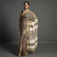 Beige - Traditional Madhubani Handpainted Tussar Silk Saree 12