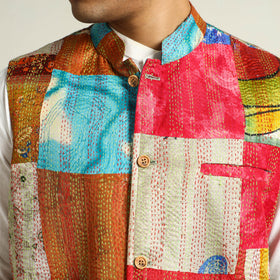 Multicolor Kantha Embroidery Silk Patchwork Nehru Jacket 