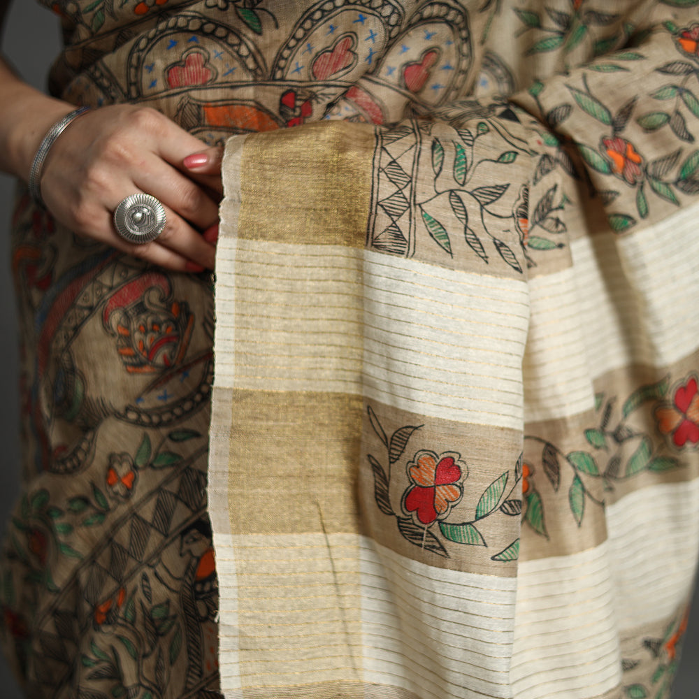 Beige - Traditional Madhubani Handpainted Tussar Silk Saree 12