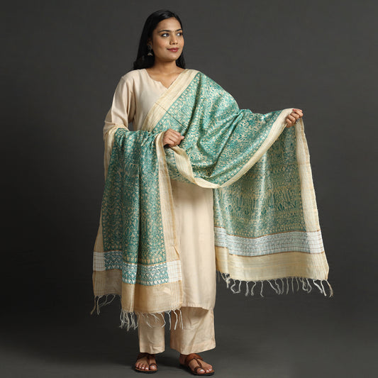 Green - Traditional Madhubani Handpainted Tussar Silk Handloom Dupatta with Tassels 23