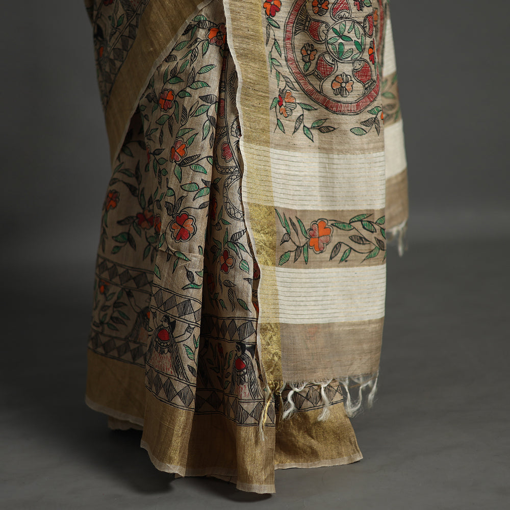 Beige - Traditional Madhubani Handpainted Tussar Silk Saree 12