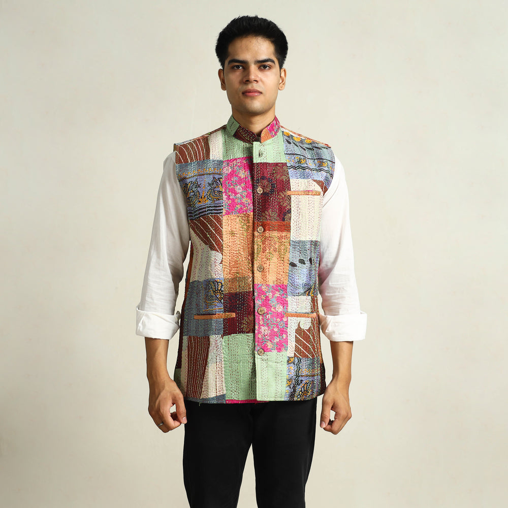 Multicolor - Kantha Embroidery Patchwork Silk Nehru Jacket 04