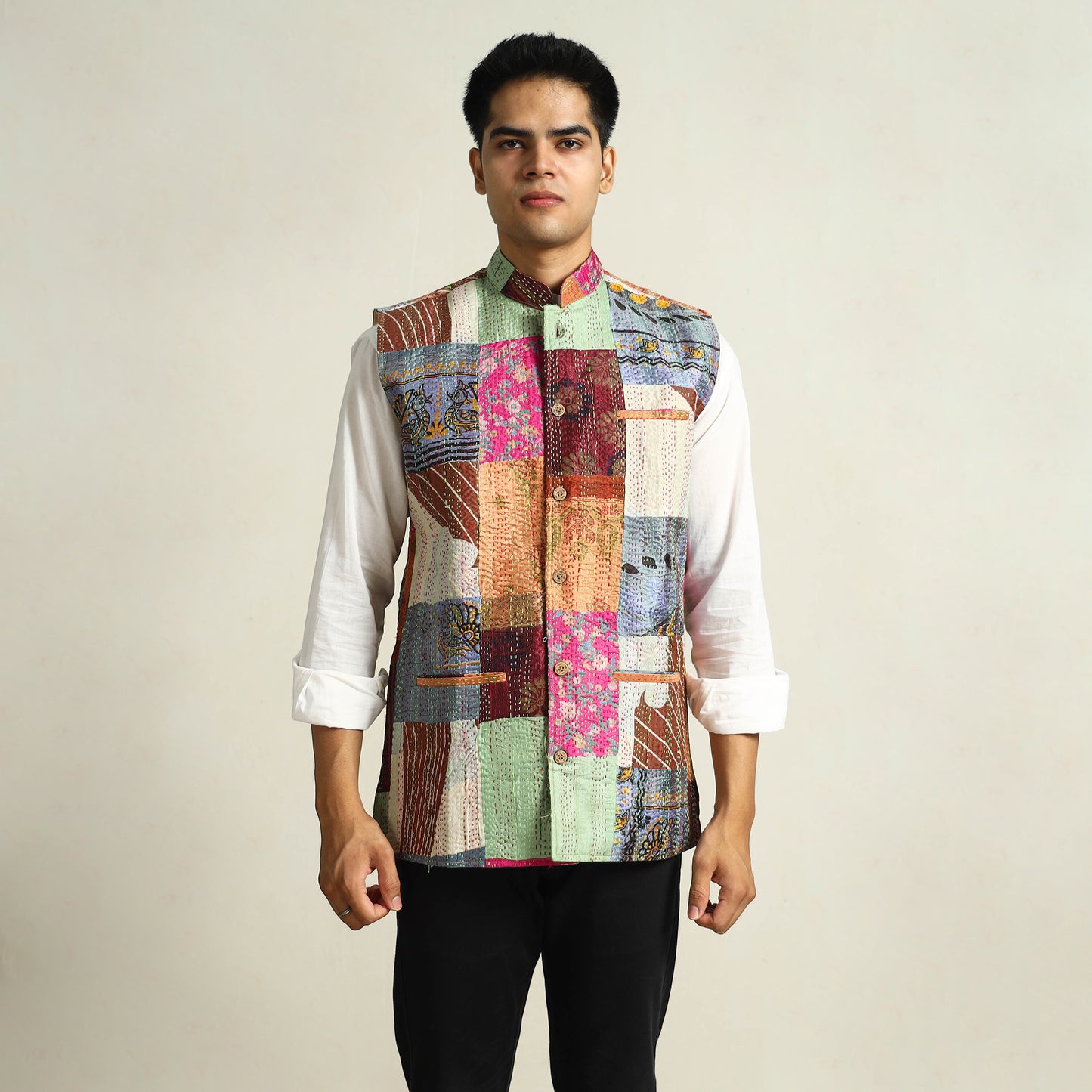 Multicolor - Kantha Embroidery Patchwork Silk Nehru Jacket 04