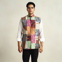 Multicolor - Kantha Embroidery Patchwork Silk Nehru Jacket 04