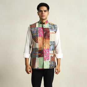 Multicolor Kantha Embroidery Silk Patchwork Nehru Jacket 