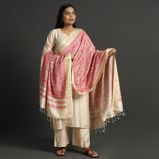 Pink - Traditional Madhubani Handpainted Tussar Silk Handloom Dupatta with Tassels 24