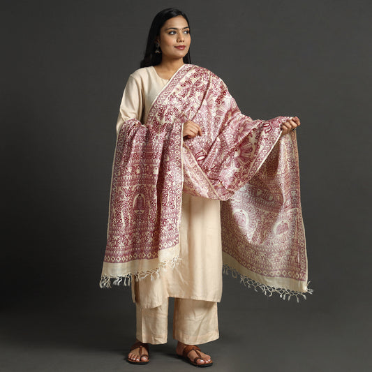Maroon - Traditional Madhubani Handpainted Tussar Silk Handloom Dupatta with Tassels 25