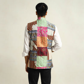 Multicolor Kantha Embroidery Silk Patchwork Nehru Jacket 