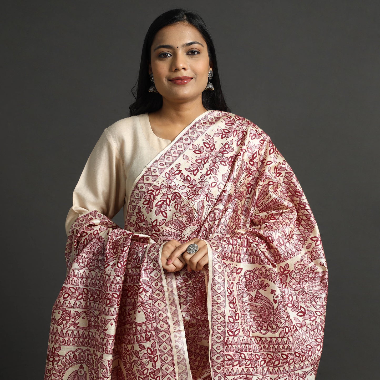 Maroon - Traditional Madhubani Handpainted Tussar Silk Handloom Dupatta with Tassels 25