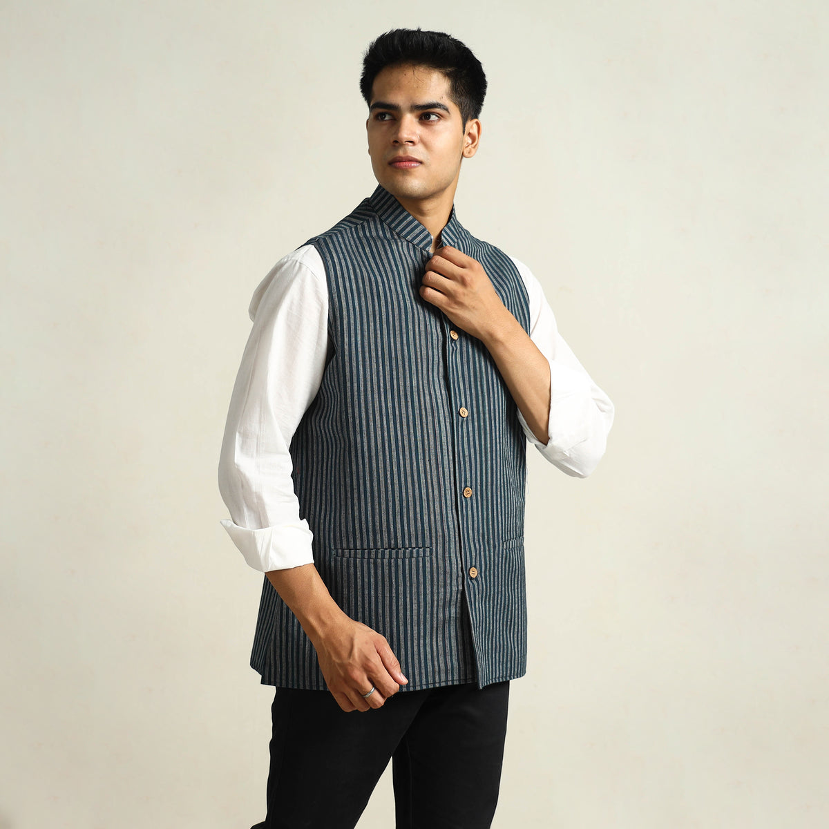 Black - Pure Cotton Handloom Men Nehru Jacket 09