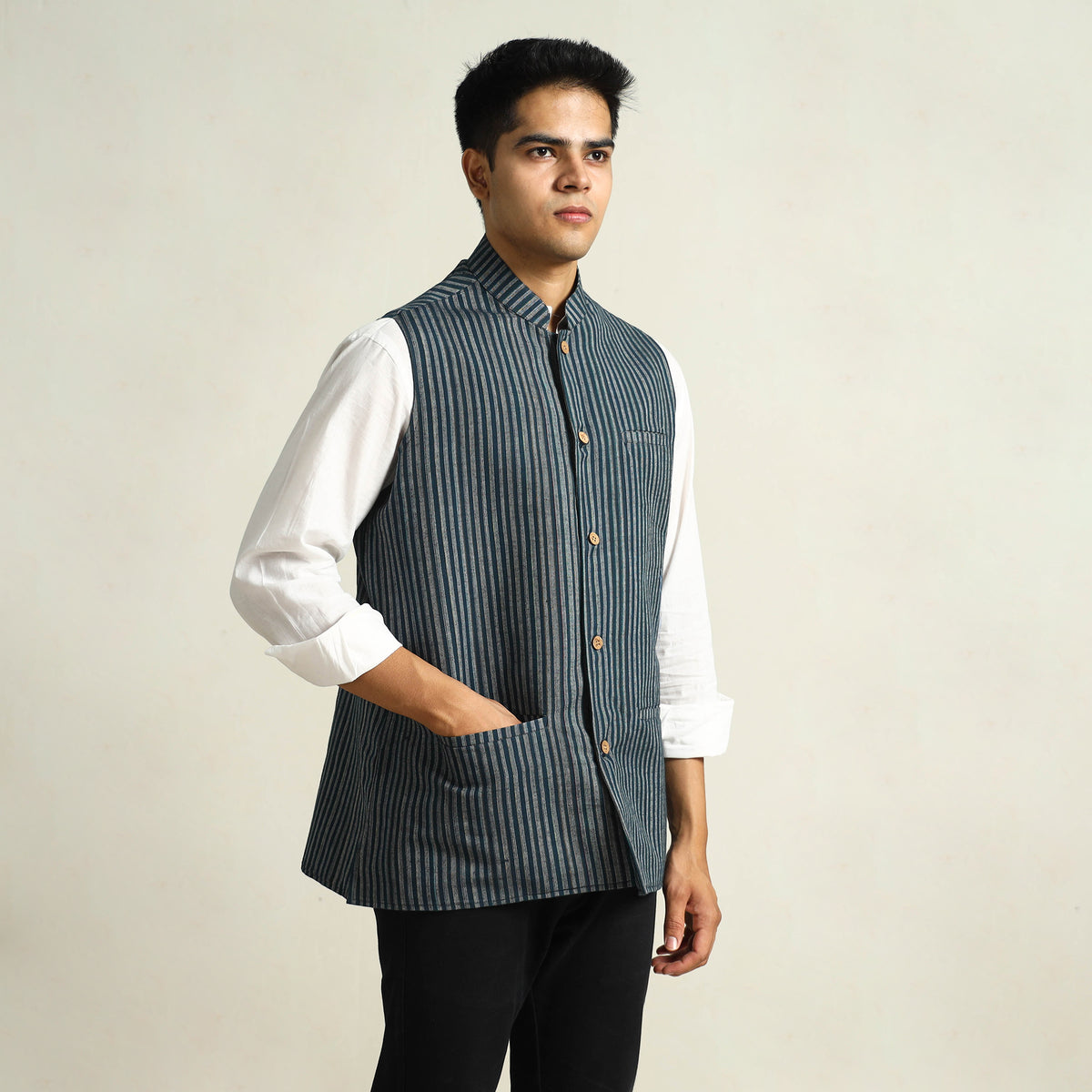 Black - Pure Cotton Handloom Men Nehru Jacket 09